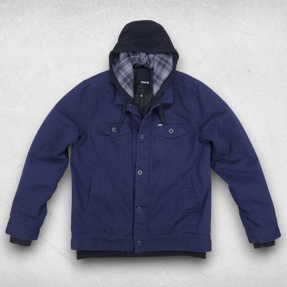 Hurley Trucker Coat Mens M (more like L/XL) Navy Button/Zip Quilted Hooded Chore - Picture 1 of 9